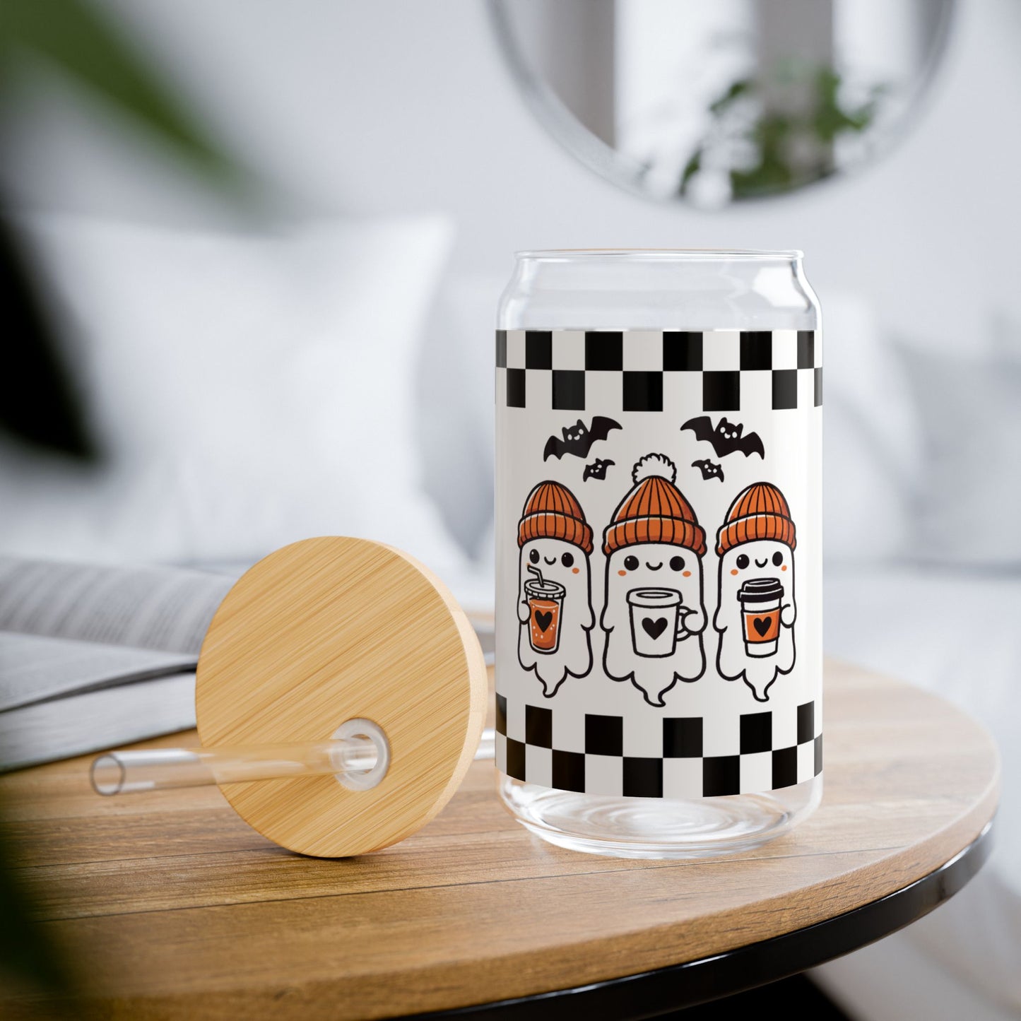 Cute Ghost with Bats Sipper Glass, 16oz