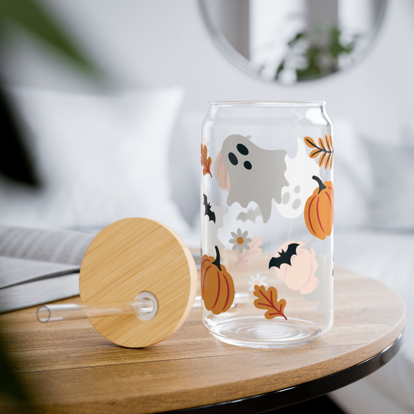 Cute Ghost & Pumpkin Sipper Glass, 16oz