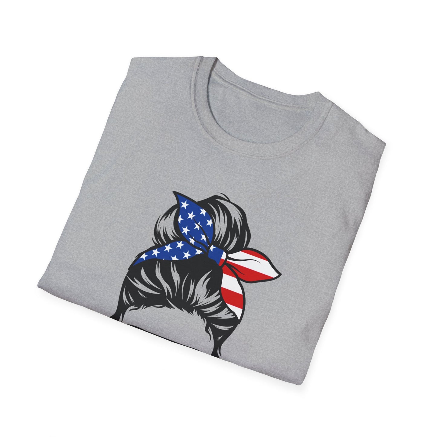 Red White & Blue Messy Bun - Unisex Softstyle T-Shirt